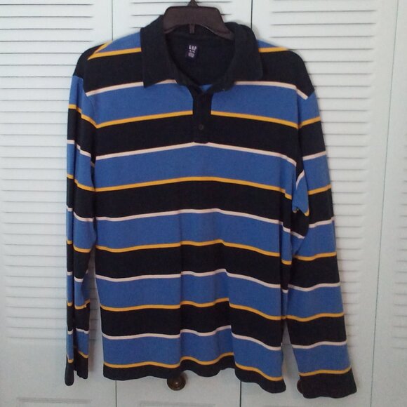 VTG GAP XL/TG 100% COTTON LONG SLEEVE STRIPED POLO SHIRT COLLAR NAVY VINTAGE - Picture 1 of 7